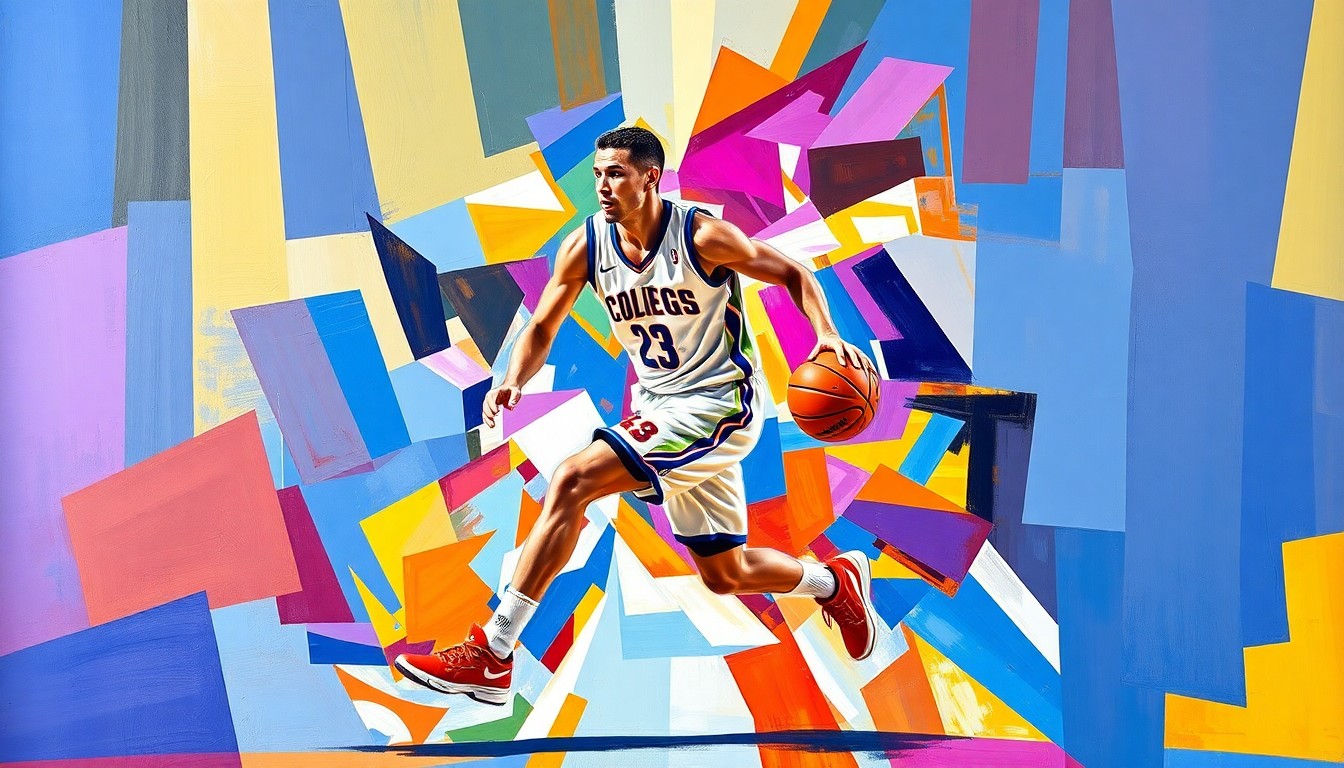 A fragmented, cubist-style painting depicting a college basketball player in motion, with sharp geometric shapes and vibrant team colors, conceptually representing the disruption and empowerment of players in the modern college sports landscape.