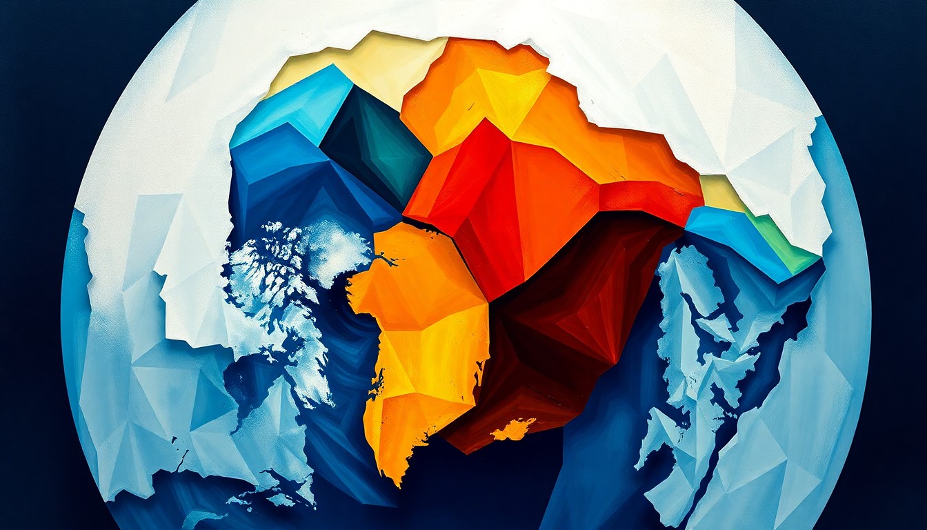 A dynamic, abstract painting featuring overlapping, fractured geometric shapes in shades of blue, green, and gray, conveying the complex geopolitical tensions surrounding Greenland's future.