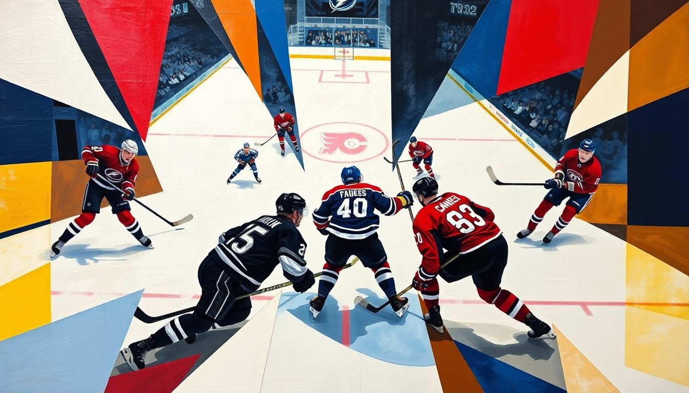 A cubist, geometric painting depicting a hockey game between the Tampa Bay Lightning, Buffalo Sabres, and Montreal Canadiens, with the players' movements and the intensity of the game captured through the fractured, overlapping planes of color.