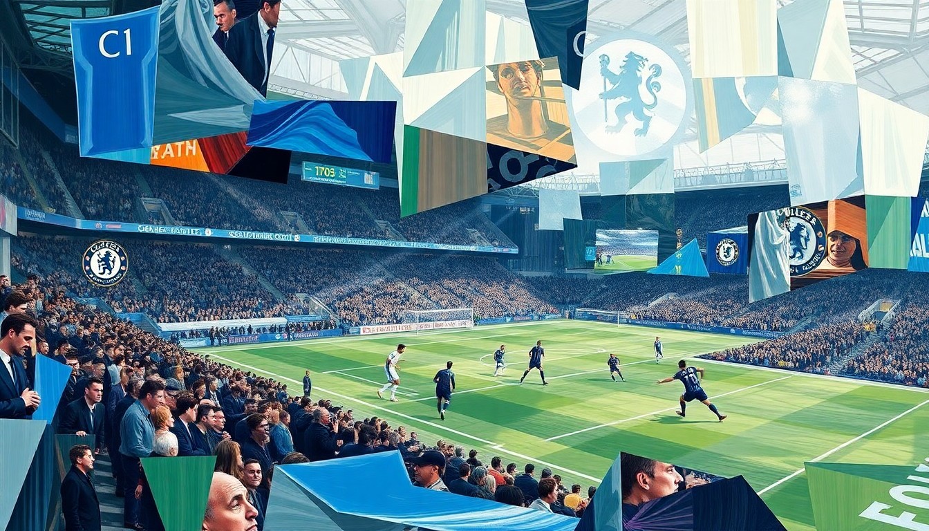 A cubist, geometric painting depicting a fractured, multi-perspective view of a Chelsea football match, with sharp, overlapping planes of color and form representing the dynamic action on the pitch.