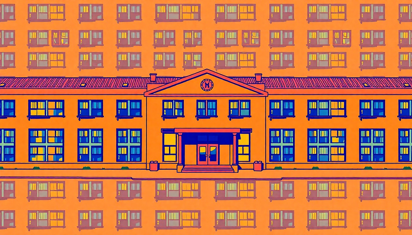 A brightly colored, high-contrast silkscreen print of a single, iconic school building repeated in a tight grid pattern, utilizing flat, vibrant, and unnatural neon color palettes overlapping with heavy black photographic outlines to turn an everyday educational facility into modern pop art.