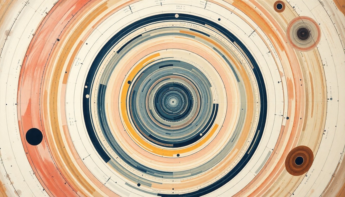 A highly structured abstract painting in soft blues, greens, and grays, featuring sweeping geometric arcs, concentric circles, and precise spirals, conceptually representing the complex forces and concepts of space exploration.