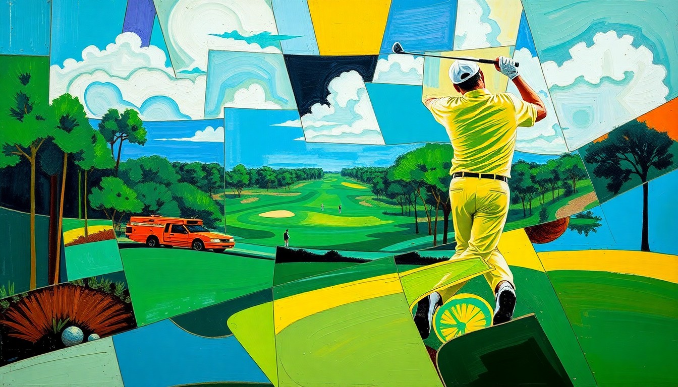 A fragmented, multi-angled painting depicting a golfer's swing and the Sawgrass course in a cubist, geometric style, using vibrant colors to convey the energy and challenge of the prestigious tournament.