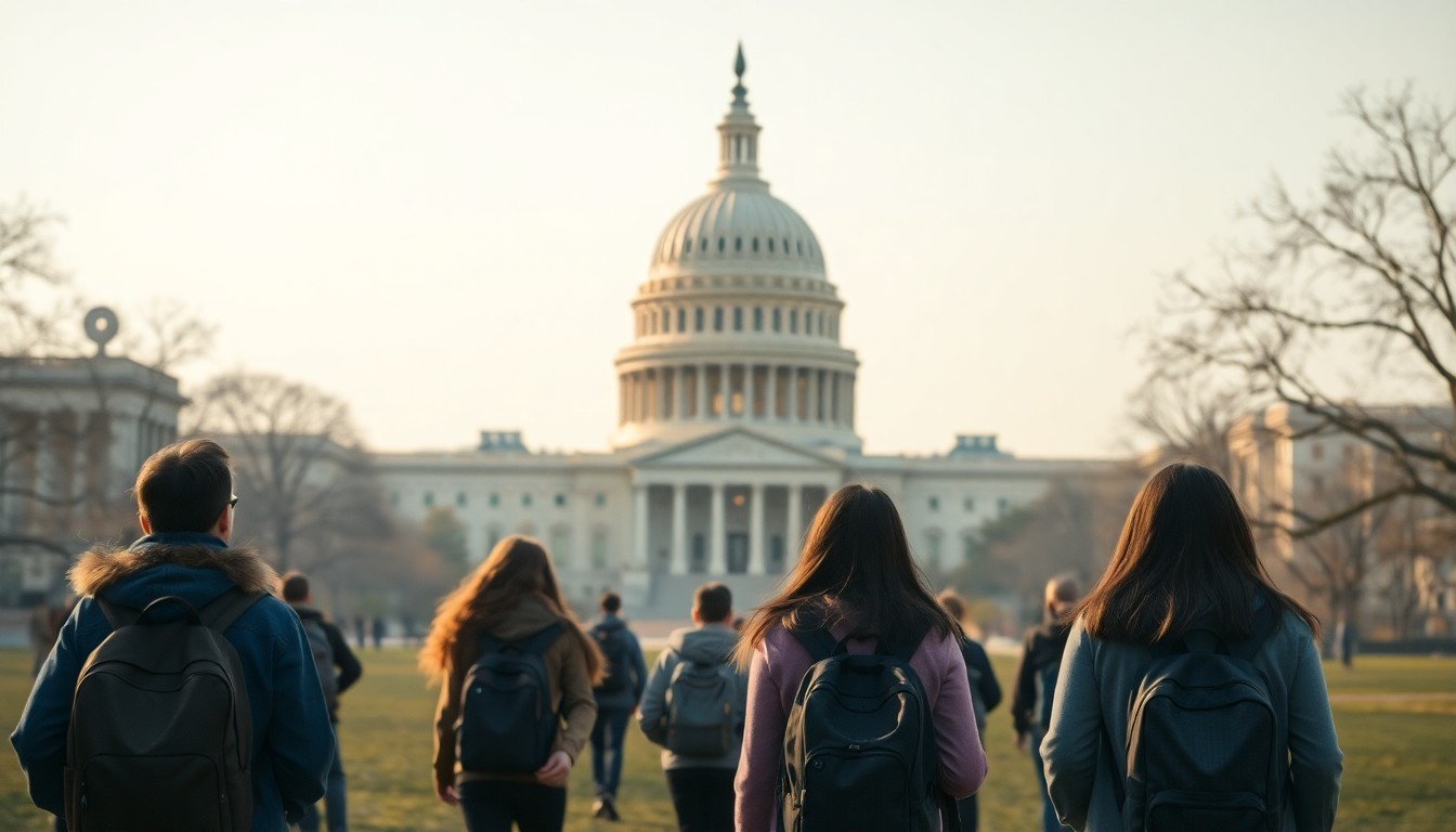 An abstract, out-of-focus photograph depicting a group of students exploring the grounds of the US Capitol building, with the iconic dome visible in the background. The image is bathed in warm, hazy light, creating a contemplative and dreamlike atmosphere.