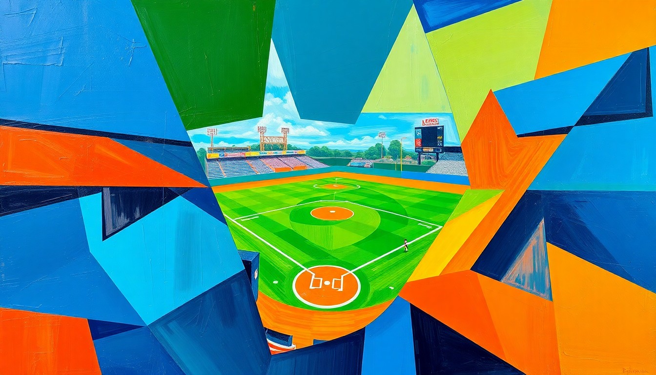 A cubist, geometric painting depicting a fragmented baseball scene with overlapping planes of color, capturing the dynamic movement and energy of spring training.