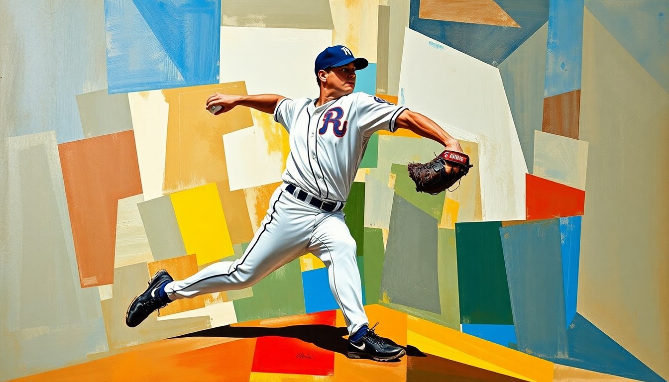 A fractured, cubist-style painting depicting the dynamic motion of a baseball pitcher's delivery, with the figure broken down into sharp, overlapping geometric shapes and planes that capture the energy and movement of the pitch.