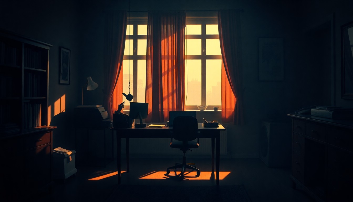 A dimly lit, cinematic painting of a journalist's desk in a Moscow apartment, with a laptop, notebook, and pen bathed in warm, diagonal sunlight and deep shadows, conveying the solitary and contemplative nature of reporting in a politically charged environment.