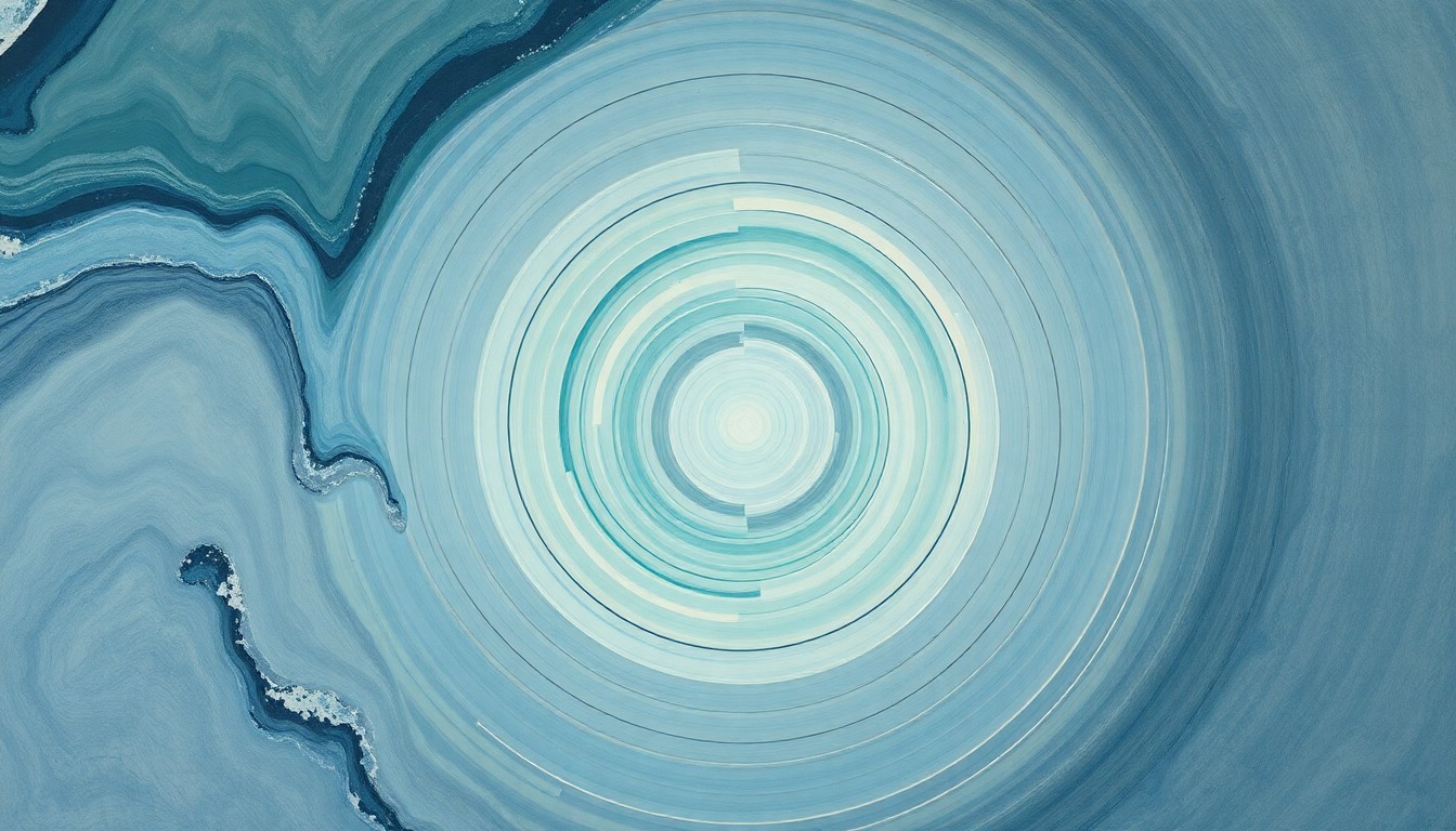 A highly textured, abstract painting in muted tones of blue, green, and gray, featuring sweeping geometric shapes, concentric circles, and precise spiral patterns that conceptually represent the complex interactions between ultraviolet light and the defects in the molecular structure of ice.
