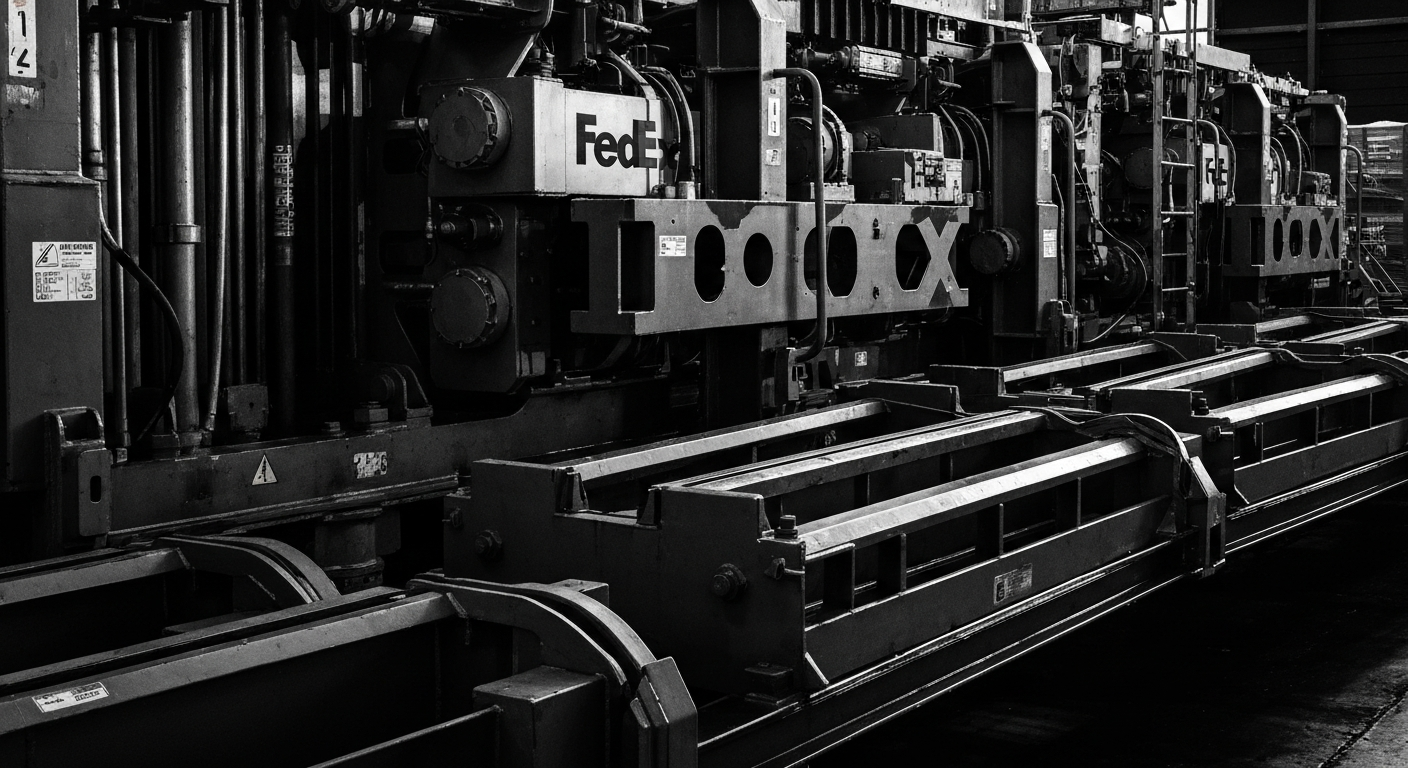 A high-contrast, black and white close-up image of the intricate machinery and equipment used in FedEx's shipping operations, conveying the scale and complexity of the company's logistics network.