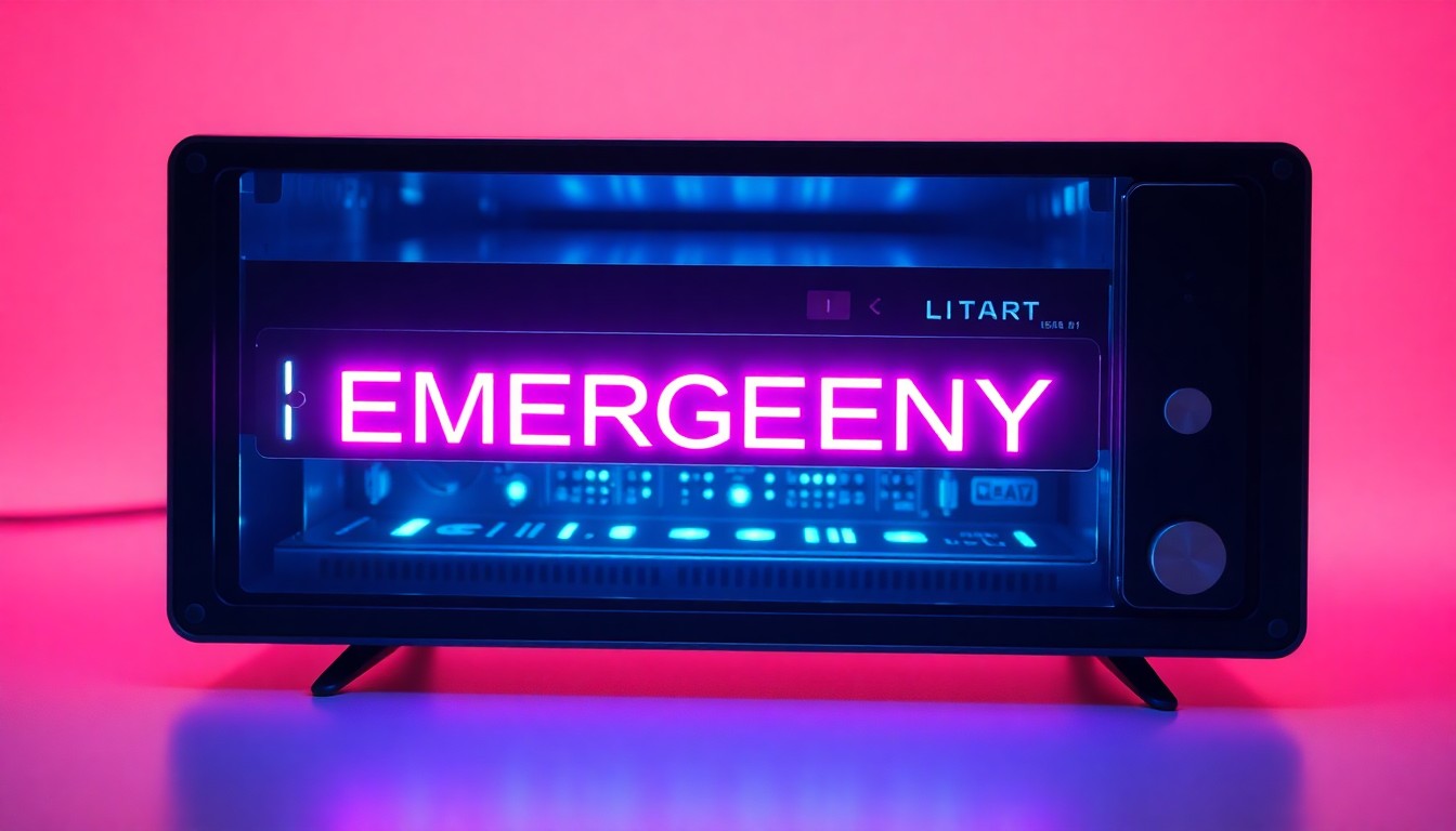 A highly detailed, glowing 3D illustration of a cable box and television screen, with neon cyan and magenta lights pulsing through the hardware, conceptually representing a technical issue affecting the emergency alert crawl.