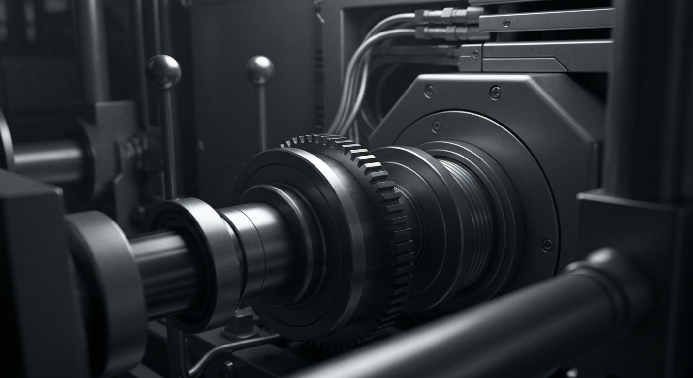 An extreme close-up of complex, interlocking gears and levers in a banking or financial institution, conveying the idea of a well-oiled, secure financial system.