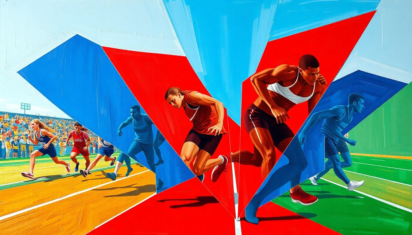 A cubist, geometric painting featuring overlapping planes of bright red, blue, and green, conceptually representing the disruption of a high school track and field competition by severe weather.