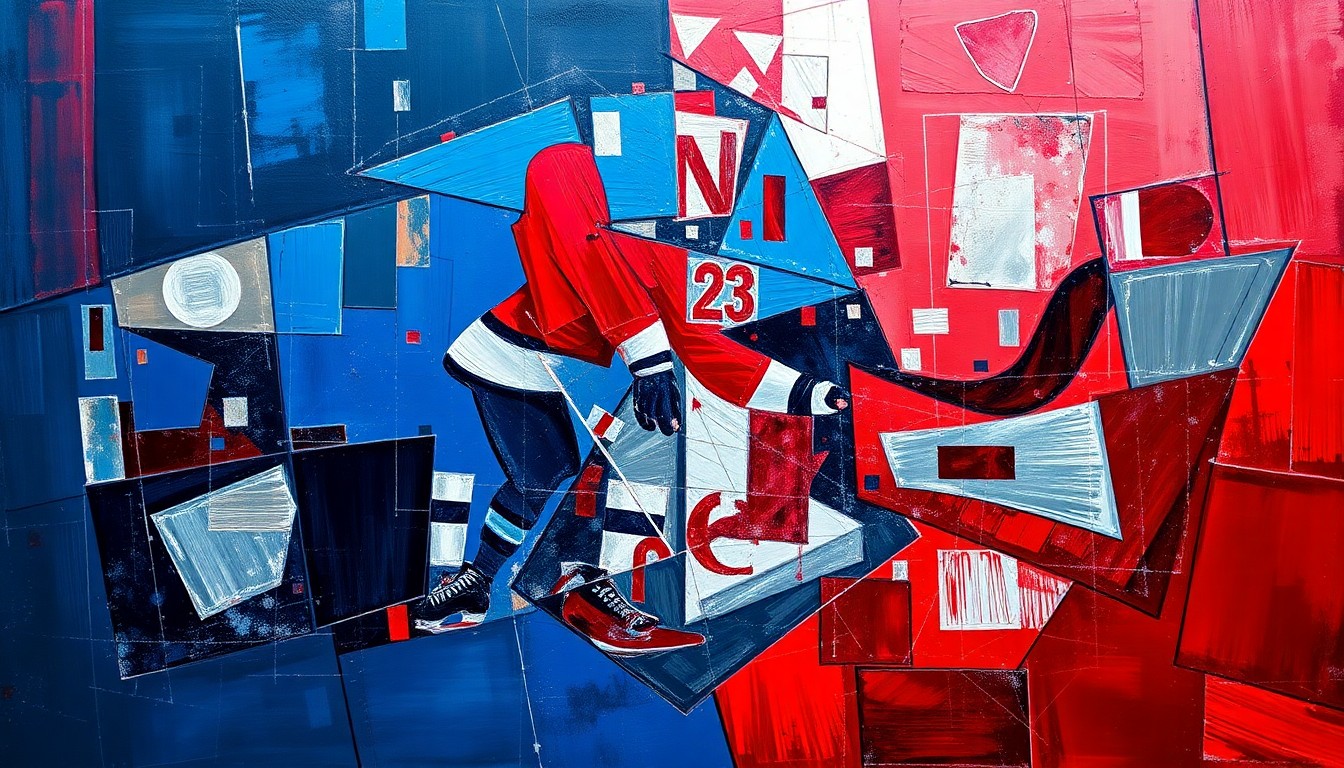 A cubist-style painting depicting a hockey game broken down into sharp, overlapping geometric shapes in navy, red, and silver, conveying the fractured and divisive nature of the recent incident at a Dallas Stars game.