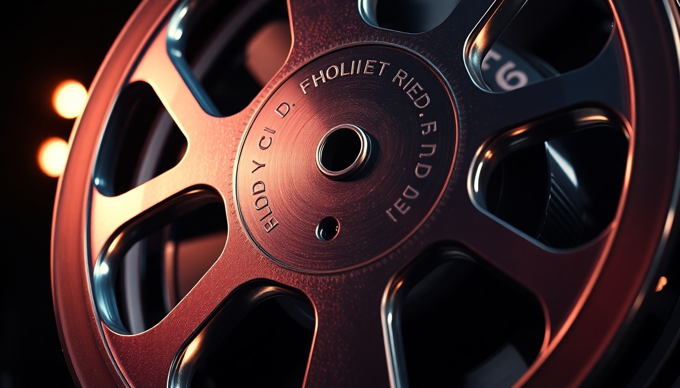 An extreme close-up photograph of a shiny, metallic film reel in dramatic studio lighting, capturing the glamour and spectacle of Hollywood while also alluding to the political divide within the industry.