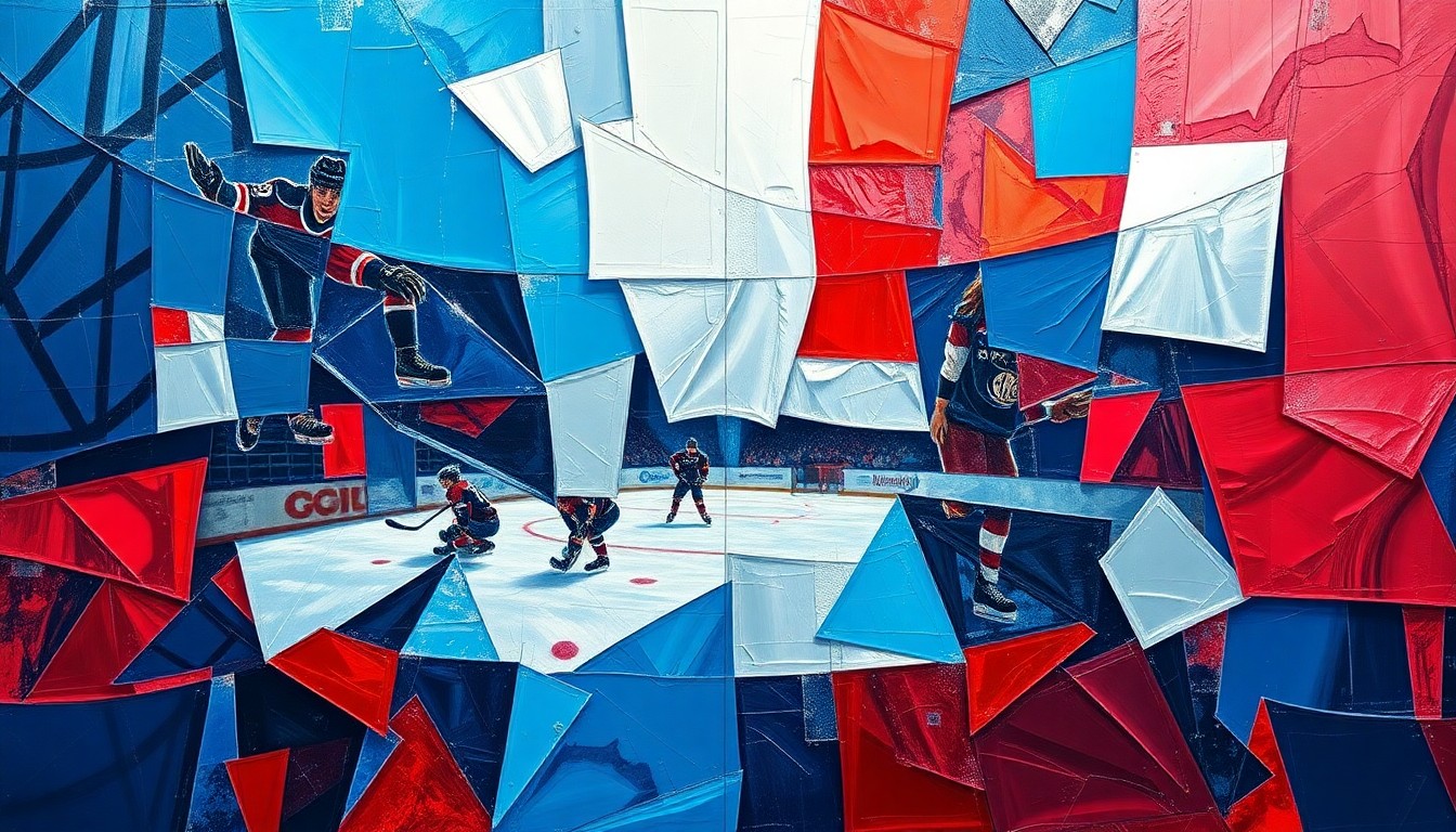 A cubist, geometric illustration depicting a fragmented hockey game, with sharp planes of blue, red, and silver overlapping to create a dynamic, abstract composition that captures the strategic shifts within the Devils' roster.