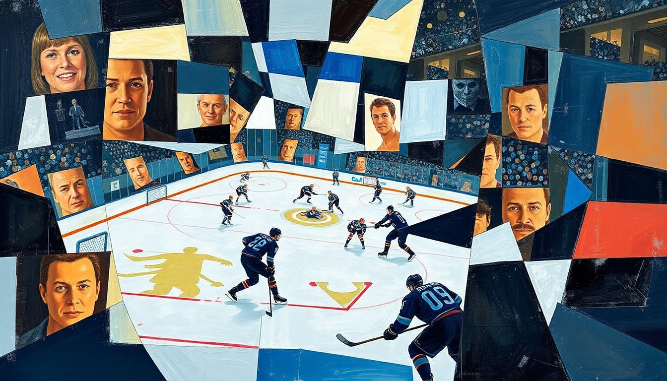 A cubist-style painting depicting a fragmented hockey game, with players and the rink broken down into sharp, overlapping geometric shapes in a range of blues, greens, and reds, conveying the dynamic and evolving nature of the Rangers' roster decisions.