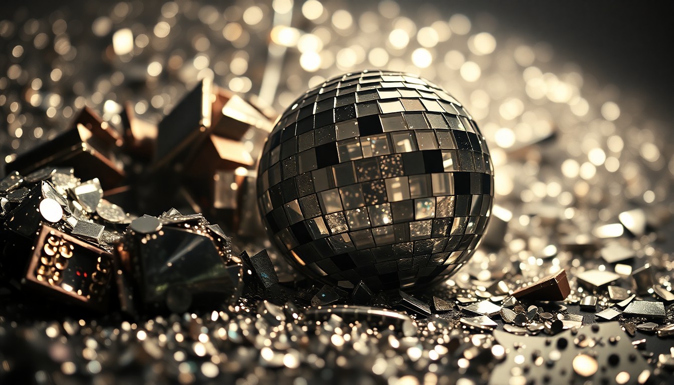 An abstract, high-contrast close-up photograph of glittering sequins and shattered glass, conceptually representing the glamour and celebrity culture surrounding the Bollywood film industry.