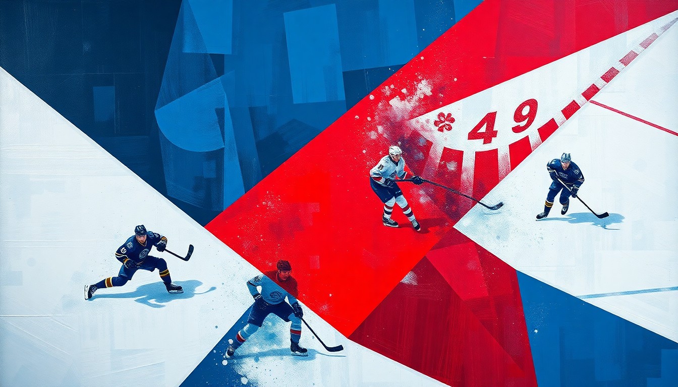 A fractured, geometric painting in the style of Pablo Picasso, depicting a hockey game broken down into sharp, overlapping planes of navy blue, crimson red, and metallic silver, capturing the raw energy and potential of the Blackhawks' young core.