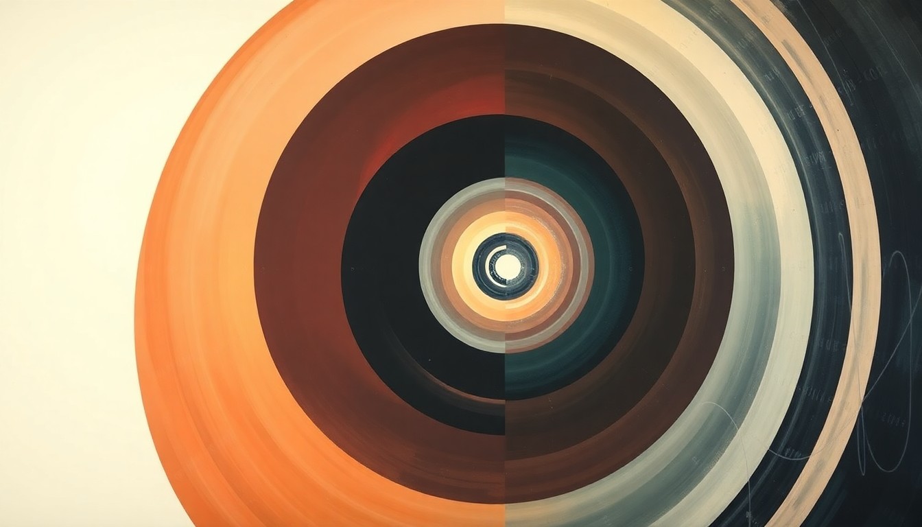 A bold, abstract painting in soft colors depicting intricate geometric shapes, waveforms, and spirals, conceptually representing the complex scientific forces at play in the study of metal deformation at supersonic speeds.