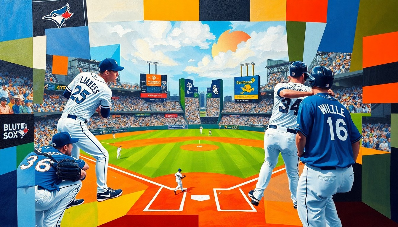 A fractured, geometric painting depicting various moments from the Blue Jays vs White Sox baseball game, with overlapping planes of color representing the players, field, and action on the field.