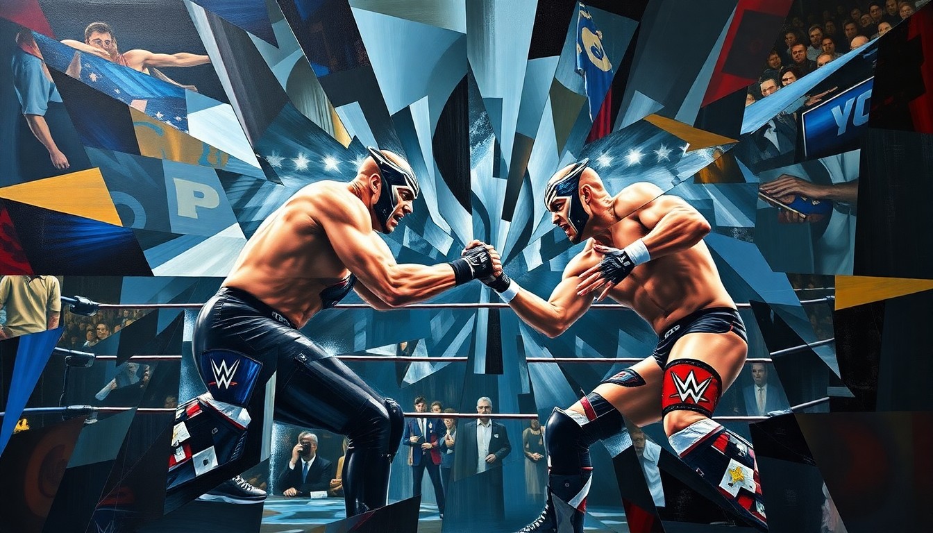 A cubist-style painting depicting a WWE match between Randy Orton and Cody Rhodes, with the figures and action broken down into sharp, overlapping geometric shapes and planes, conveying the sense of underlying tensions and power struggles beyond the ring.
