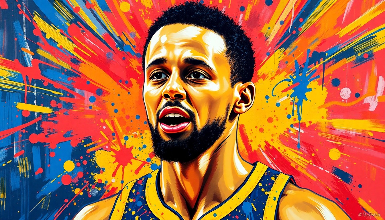 An abstract, energetic painting in vibrant neon colors depicting the dynamic movements and energy of a basketball player, likely representing Steph Curry's iconic pregame routine and playing style.