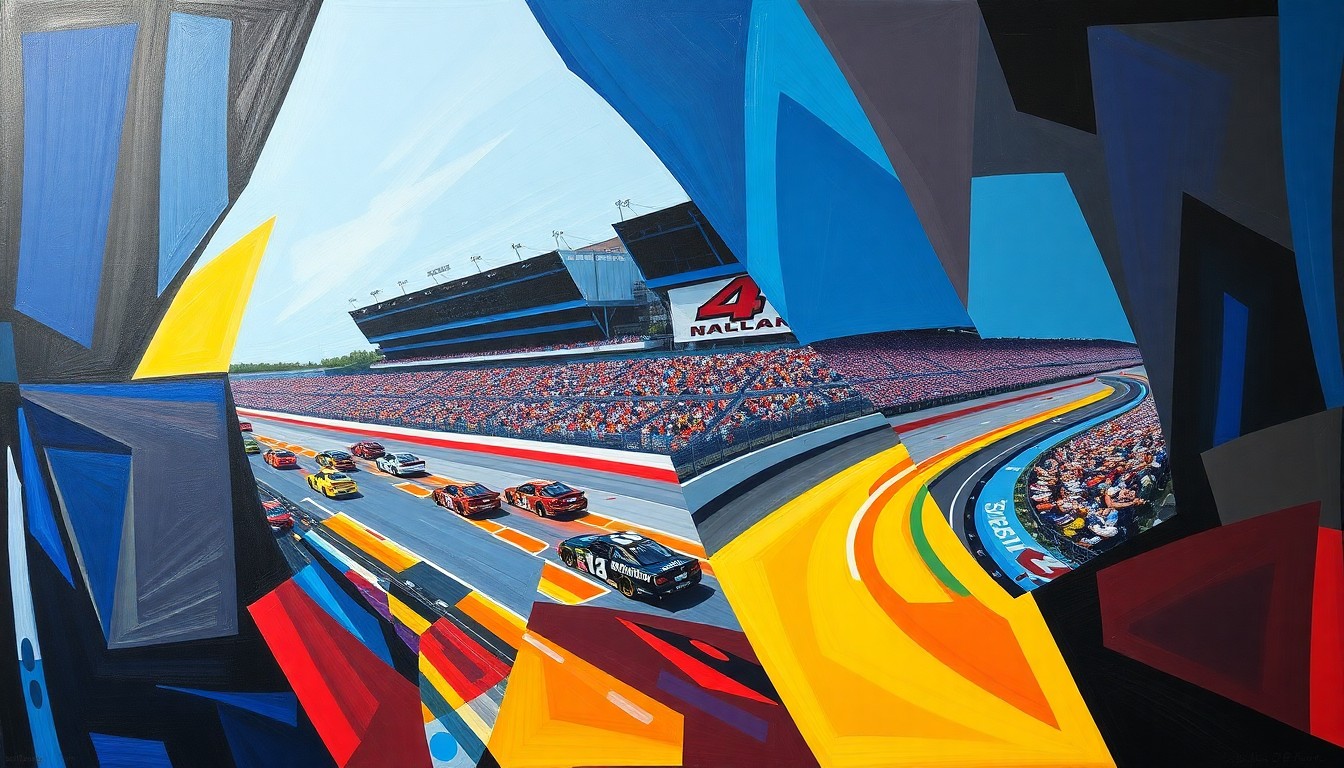 A cubist, geometric painting depicting a NASCAR race at Bristol Motor Speedway, with the cars and track represented as fragmented, overlapping shapes in a vibrant color palette, capturing the raw energy and competitive spirit of the sport.