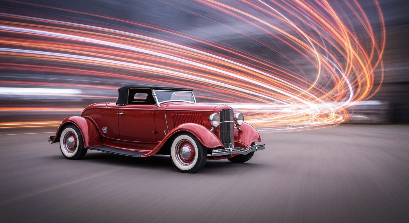 An abstract, blurred image of a classic 1932 Ford convertible in motion, with streaks of vibrant color representing the energy and excitement of vintage automotive culture.