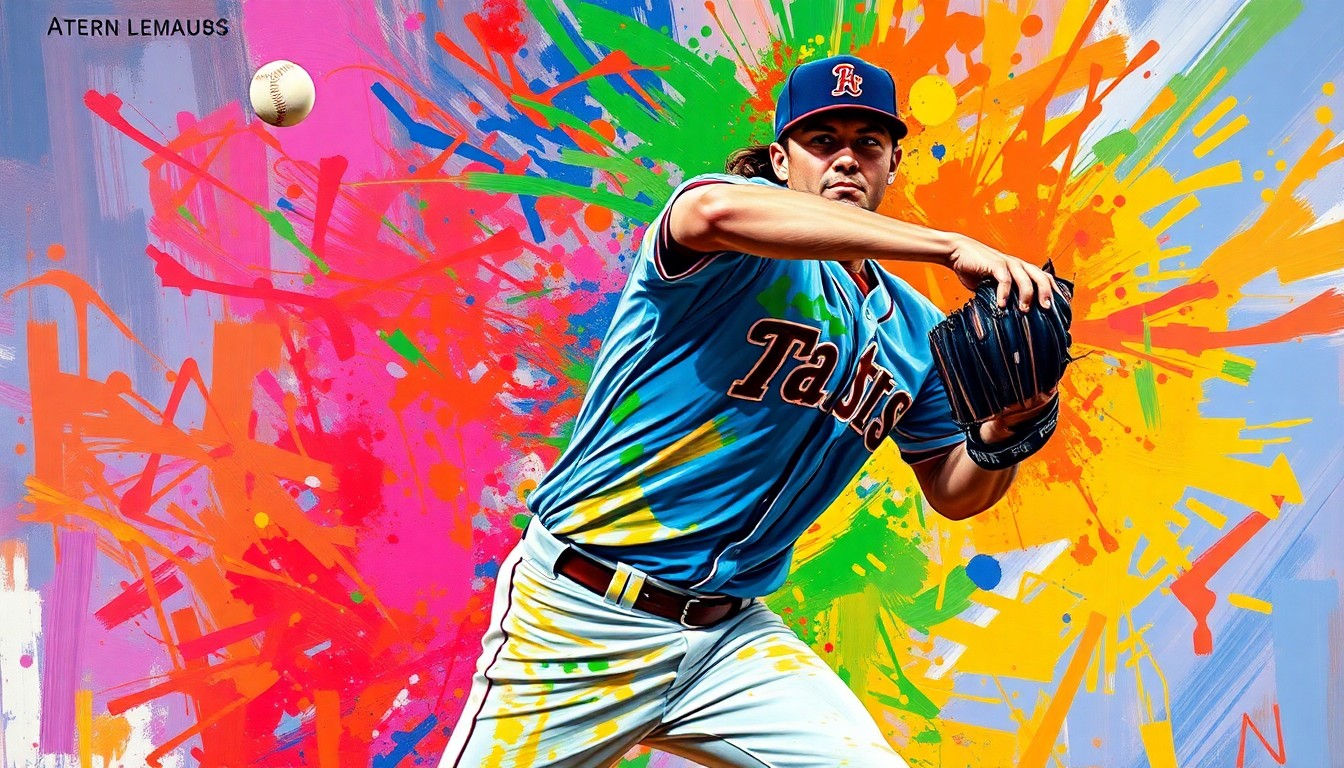 An extreme close-up of a pitcher's arm in mid-delivery, with vibrant, expressive brushstrokes in neon colors capturing the raw energy and motion of the pitch.
