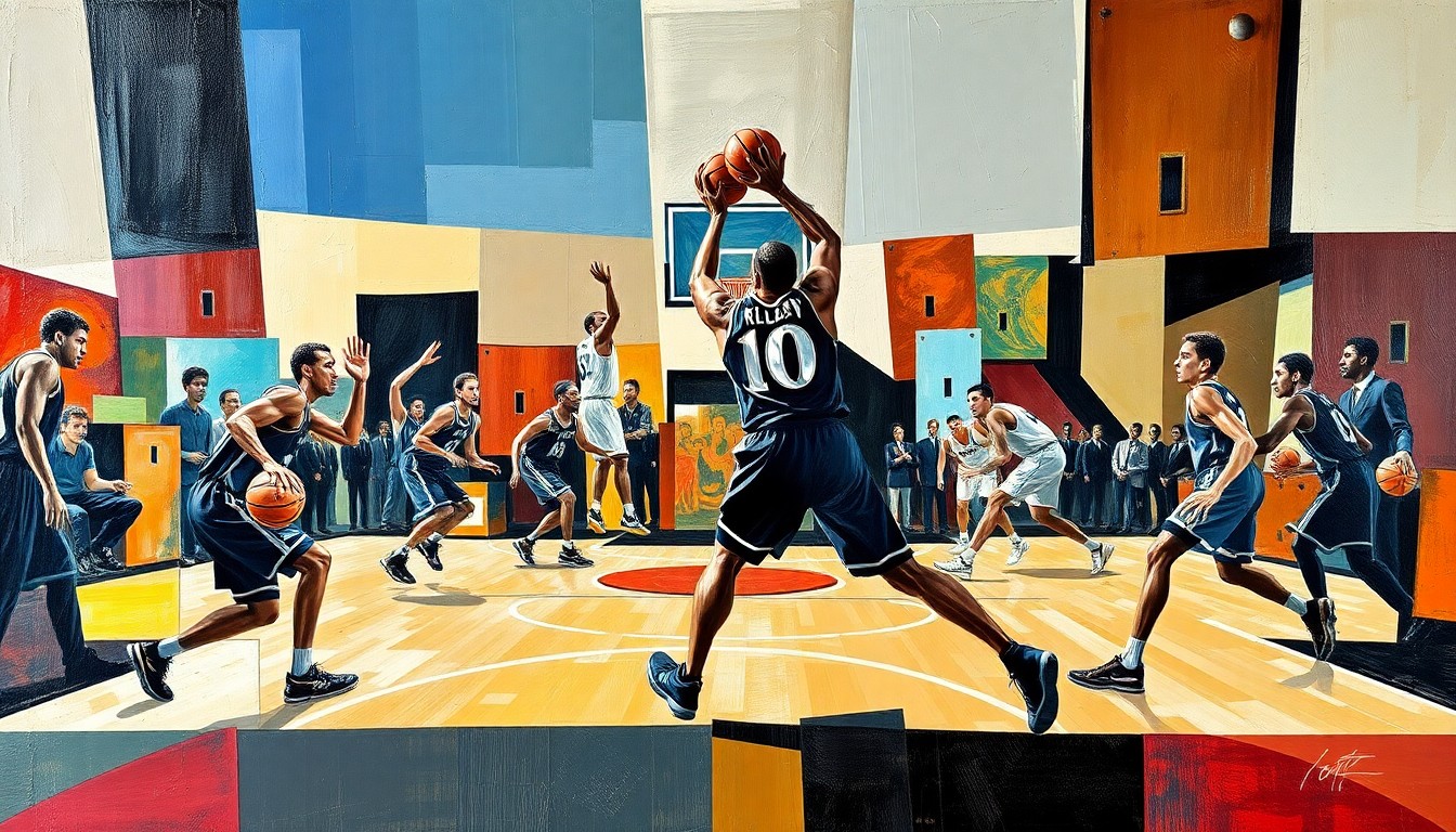 A vibrant, abstract painting in the style of Pablo Picasso, featuring overlapping geometric shapes and planes of color that represent the fast-paced action and energy of a professional basketball game.