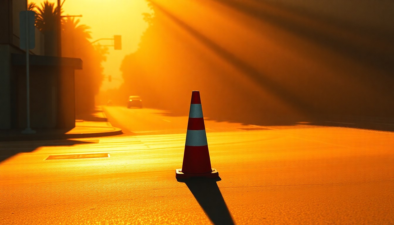 A serene, cinematic painting depicting a lone traffic cone or road barrier on an empty city street, with warm sunlight casting long shadows and creating a contemplative, nostalgic mood that reflects the political and social tensions surrounding the infrastructure changes.