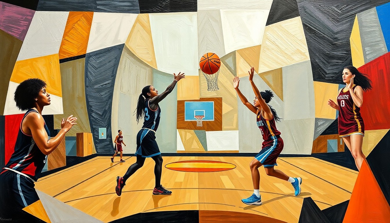 A fractured, multi-perspective painting in the style of Pablo Picasso, breaking down a WNBA free-throw shooting scene into sharp, overlapping geometric planes, capturing the precision and focus of the sport.