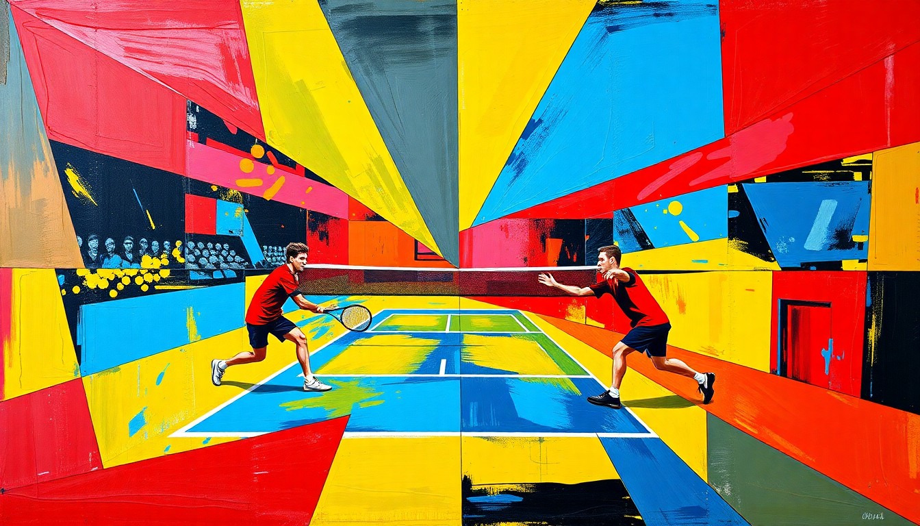 A cubist-inspired painting depicting a tennis match between Jannik Sinner and Jiri Lehecka, with the players and court broken down into sharp, overlapping geometric shapes in a vibrant color palette.