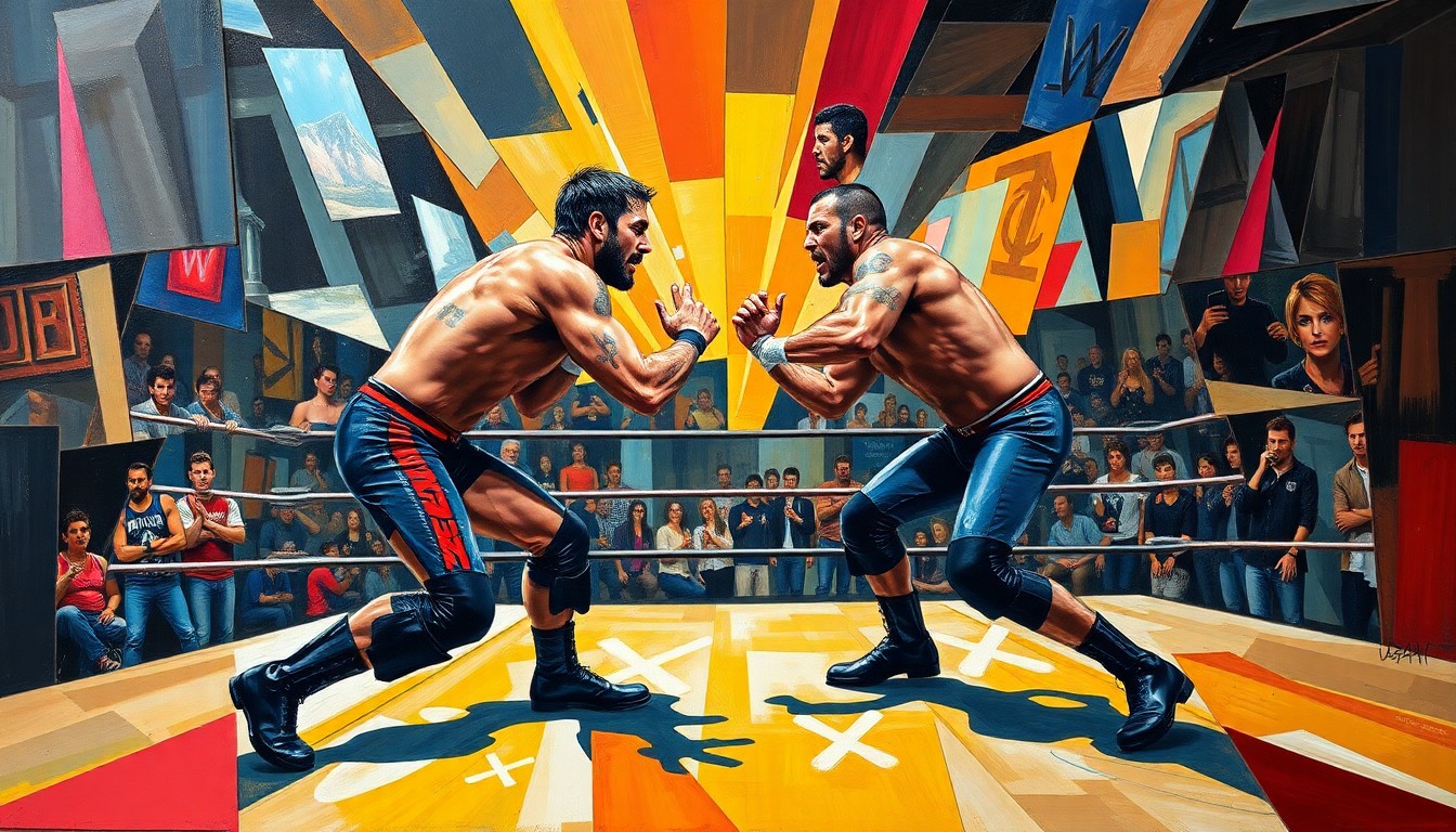 A fragmented, geometric painting depicting a wrestling match, with overlapping planes of color and form representing the chaotic and unpredictable nature of the storyline.