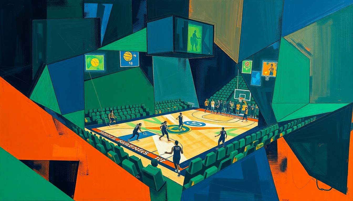 A cubist, geometric painting depicting a fragmented WNBA basketball game, with sharp, overlapping planes of navy blue, emerald green, and burnt orange, conveying the evolving nature of the league and the strategic alignment of veteran talent with modern systems.