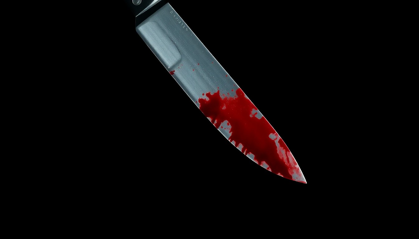 An extreme close-up of a single bloodstained knife blade, lit by a harsh flash against a pitch-black background, conveying the gritty, investigative nature of this crime story.