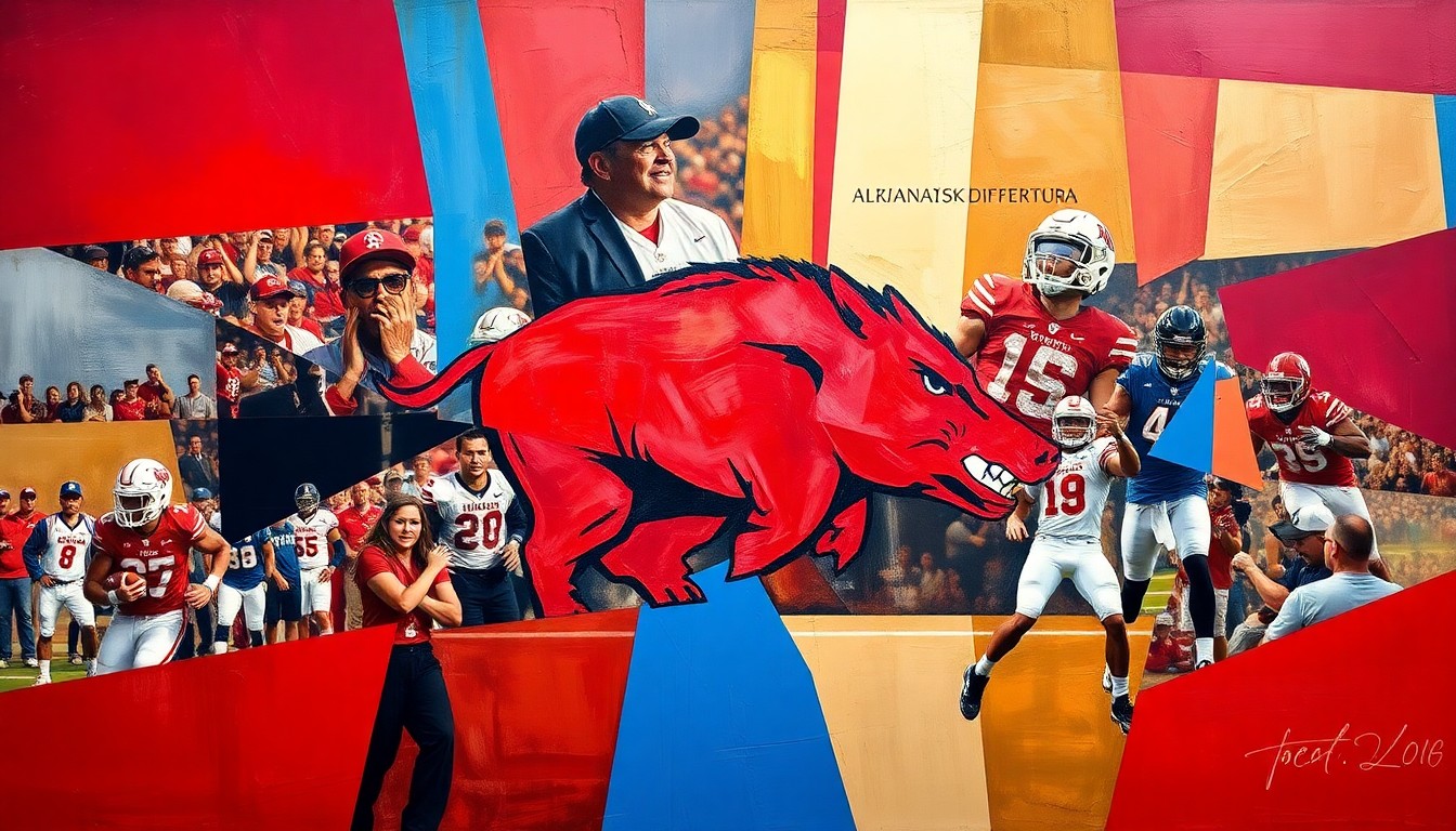 A cubist, geometric painting depicting various Arkansas sports scenes and athletes in a fractured, multi-perspective style using bold red, blue, and gold colors.