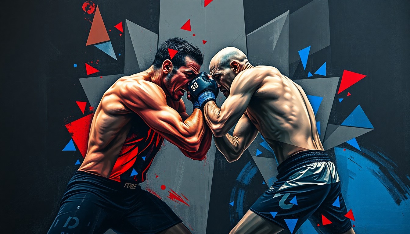 A fragmented, geometric painting depicting the dynamic movements and clashing energies of two MMA fighters engaged in a wrestling match, conveying the competitive spirit and psychological tension of their rivalry.