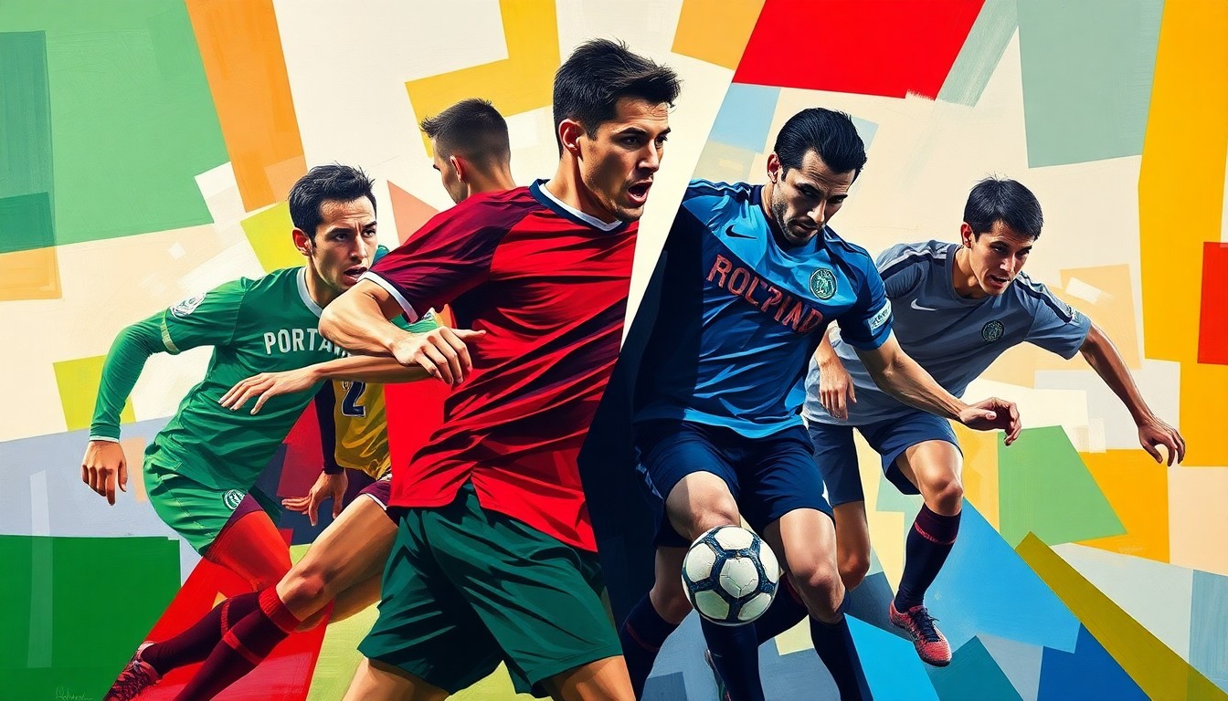 A fractured, multi-perspective painting in bold, vibrant colors depicting the physical and tactical battle between the Portland Timbers and Colorado Rapids, with the players' forms abstracted into sharp, overlapping geometric shapes.