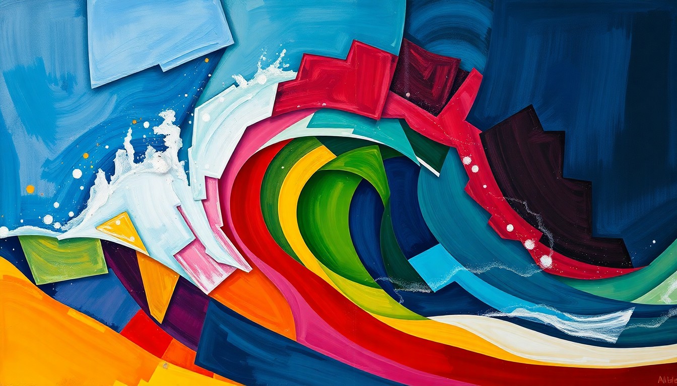 An abstract, avant-garde painting featuring overlapping, geometric waves of vibrant colors in shades of blue, green, and orange, conceptually representing the tension and motion of the Australian government's climate and energy policy debate.
