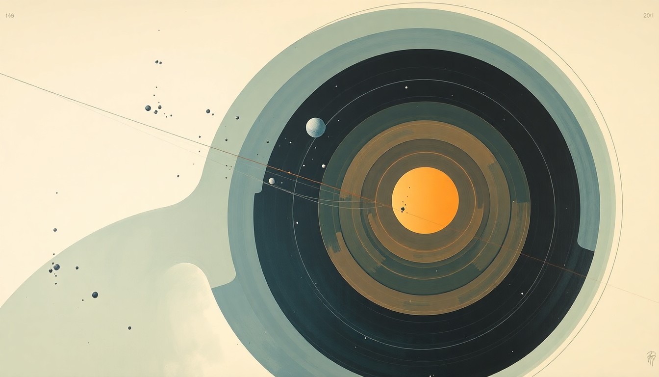 A highly structured abstract painting in soft blues, greens, and grays, depicting sweeping geometric arcs, concentric circles, and precise spirals, conceptually representing the complex forces and trajectories of falling space debris as detected by seismic networks.