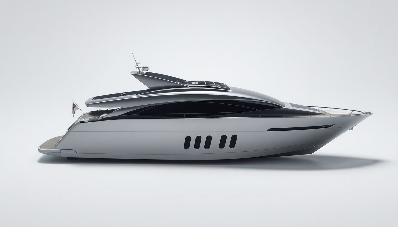 A minimalist, photorealistic studio still life featuring a polished, geometric metal yacht model in a sleek, monochromatic gray color scheme, symbolizing the strategic challenges facing the Sunseeker brand.