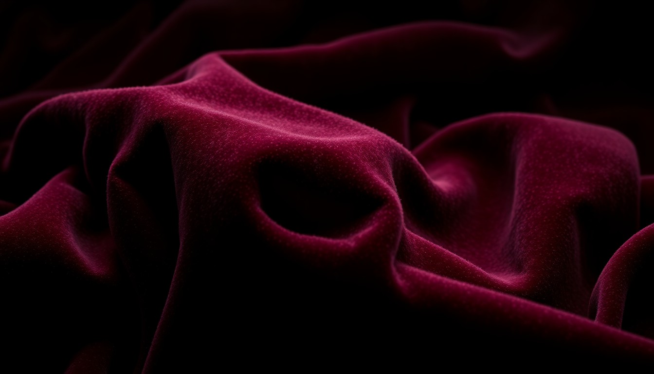 An extreme close-up of a heavily textured, crumpled velvet fabric in deep burgundy and black tones, conveying a sense of emotional vulnerability and introspection.
