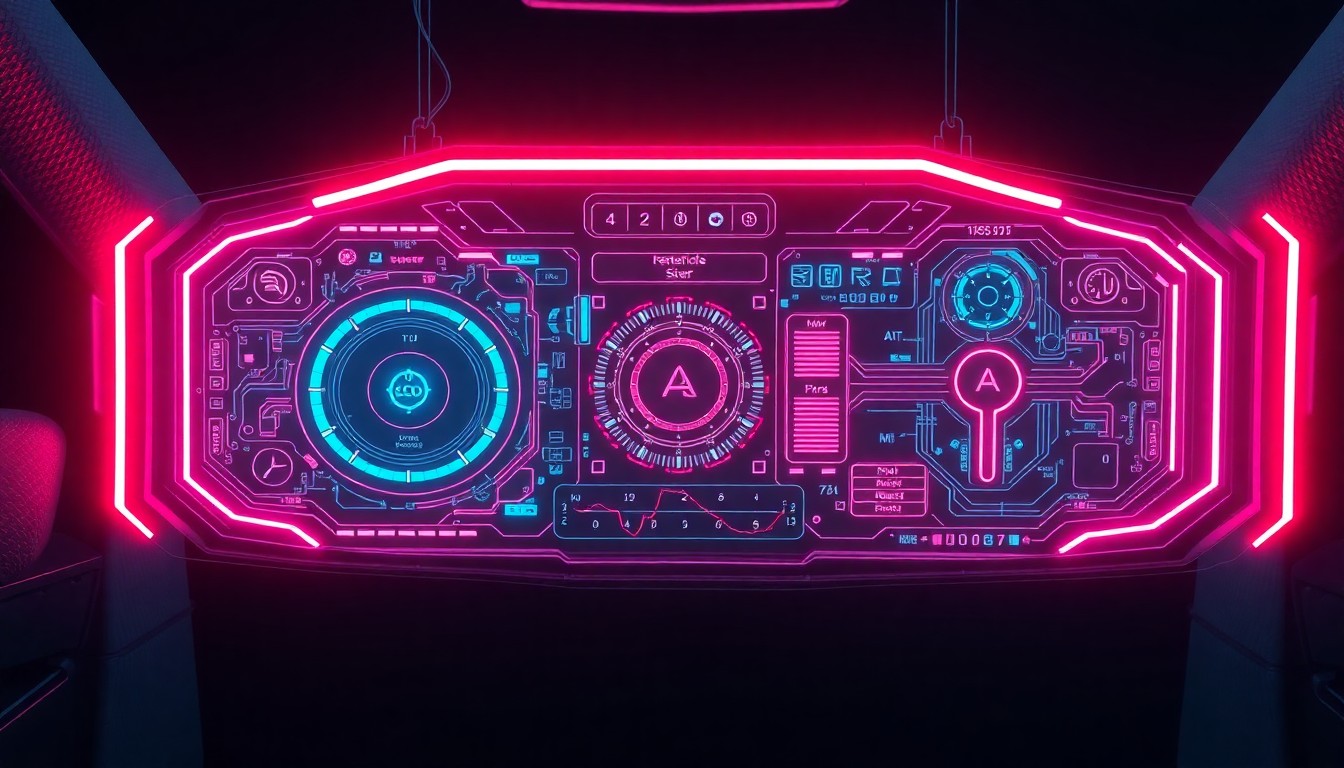 A highly detailed 3D illustration of a glowing, futuristic autonomous vehicle control panel, with intricate circuitry and sensors illuminated by neon cyan and magenta lights, suspended in a dark, moody environment, conceptually representing the technological complexity and potential risks of self-driving car systems.