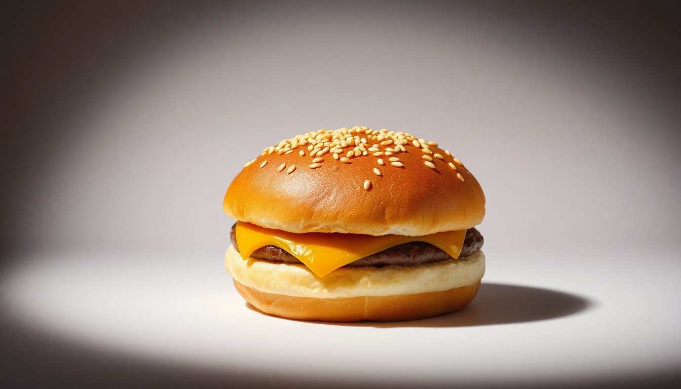 A high-end, photorealistic studio still-life photograph featuring a single, premium hamburger bun with a golden sesame seed topping, resting on a clean, monochromatic background. The lighting is sharp and dramatic, with deep shadows to represent the abstract concept of In-N-Out's commitment to quality over quantity.