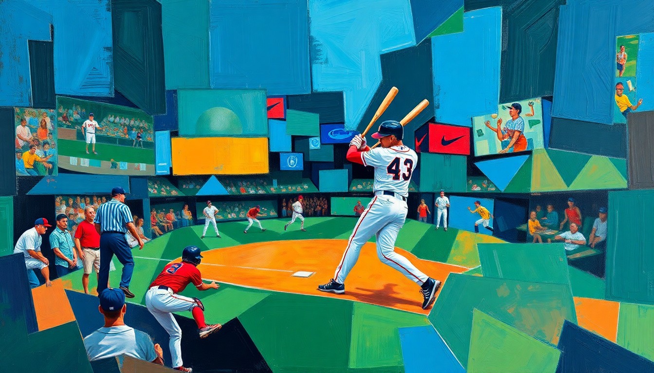 A fractured, cubist-style painting depicting a baseball player in motion, with their form broken down into sharp, overlapping geometric shapes in a vibrant color palette, conveying the complex and subjective nature of Hall of Fame selection.