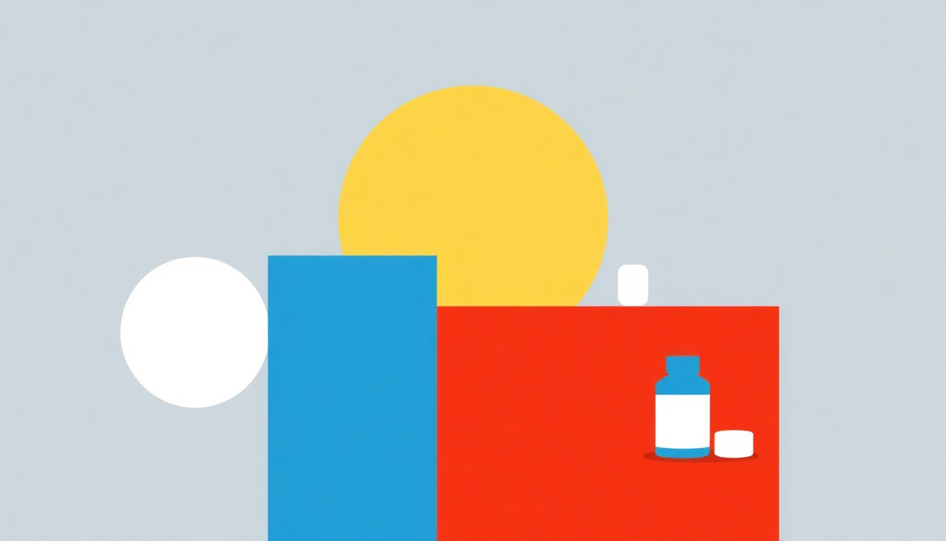 A minimalist illustration using bold geometric shapes and primary colors to conceptually represent the impact of pharmaceutical tariffs and international trade agreements on the healthcare industry.