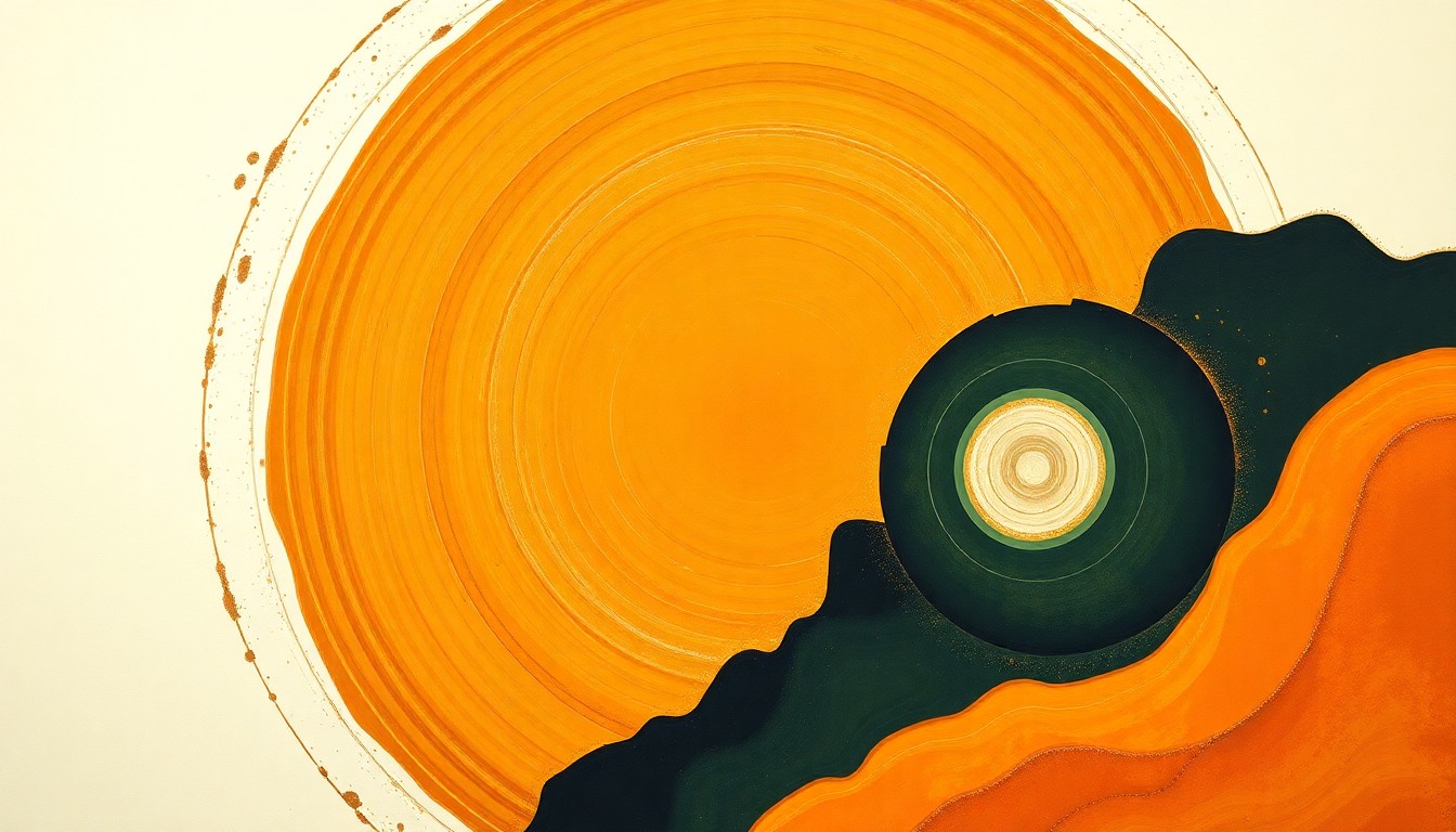 A bold, geometric abstract painting in earthy tones, resembling a massive scientific diagram with sweeping arcs, concentric circles, and precise spirals, conceptually representing the structural complexity of Kīlauea's volcanic system.