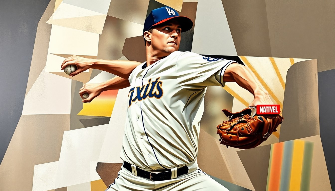 A fractured, geometric painting depicting the dynamic motion of a baseball pitcher's delivery, with the player's face and uniform abstracted into sharp, overlapping planes of color and shape.