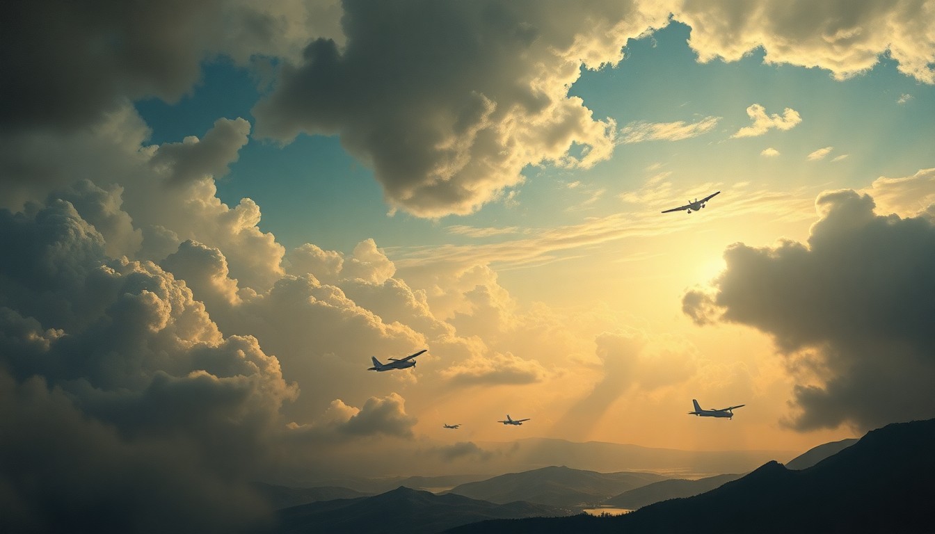 A sweeping, atmospheric landscape painting in muted tones of blue, gray, and white, with silhouettes of aircraft soaring in the distance against a dramatic, cloud-filled sky, conveying a sense of wonder and the power of nature.